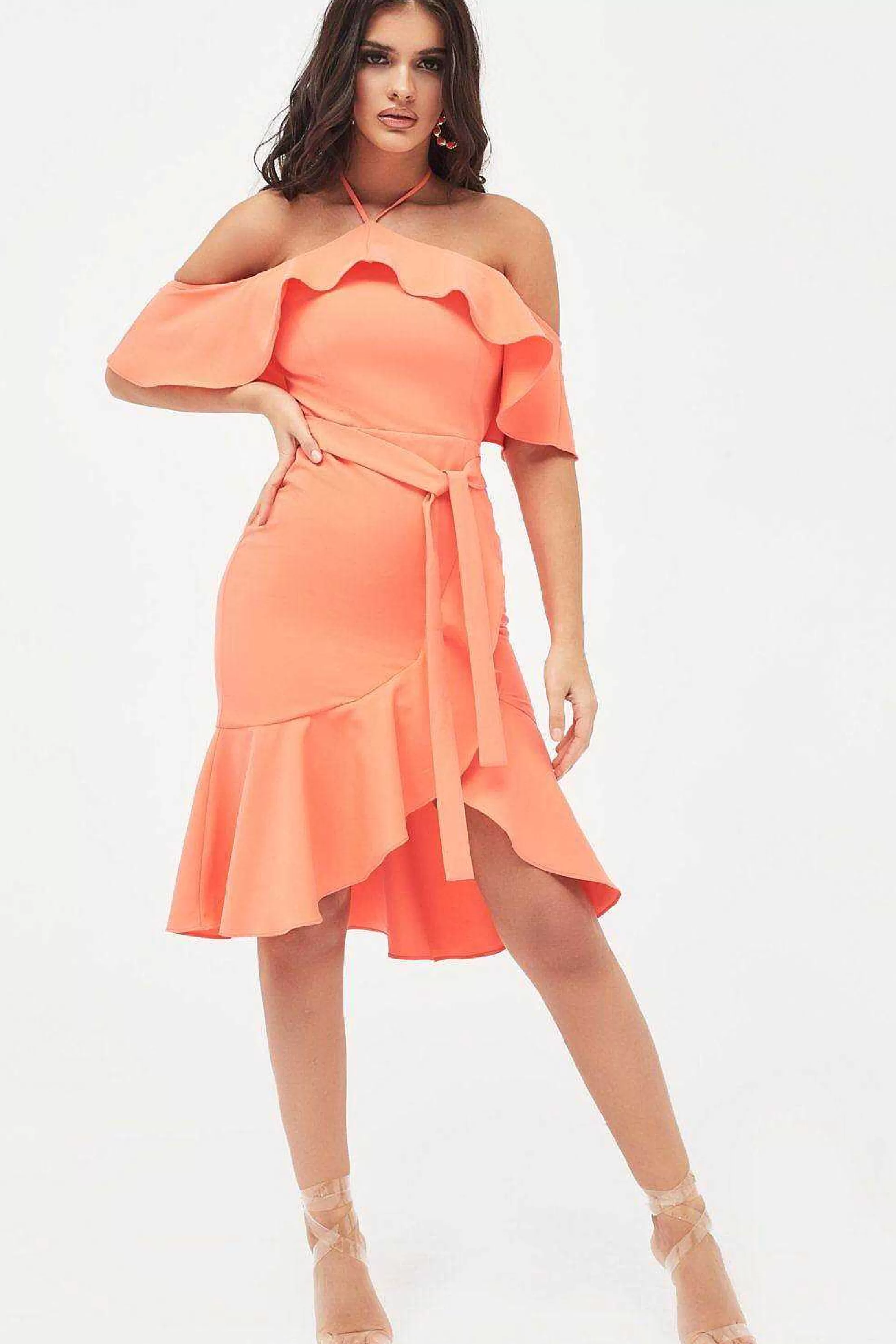 Lavish Alice Dresses<Paisley Bardot Frill Halterneck Midi Dress In Neon Coral
