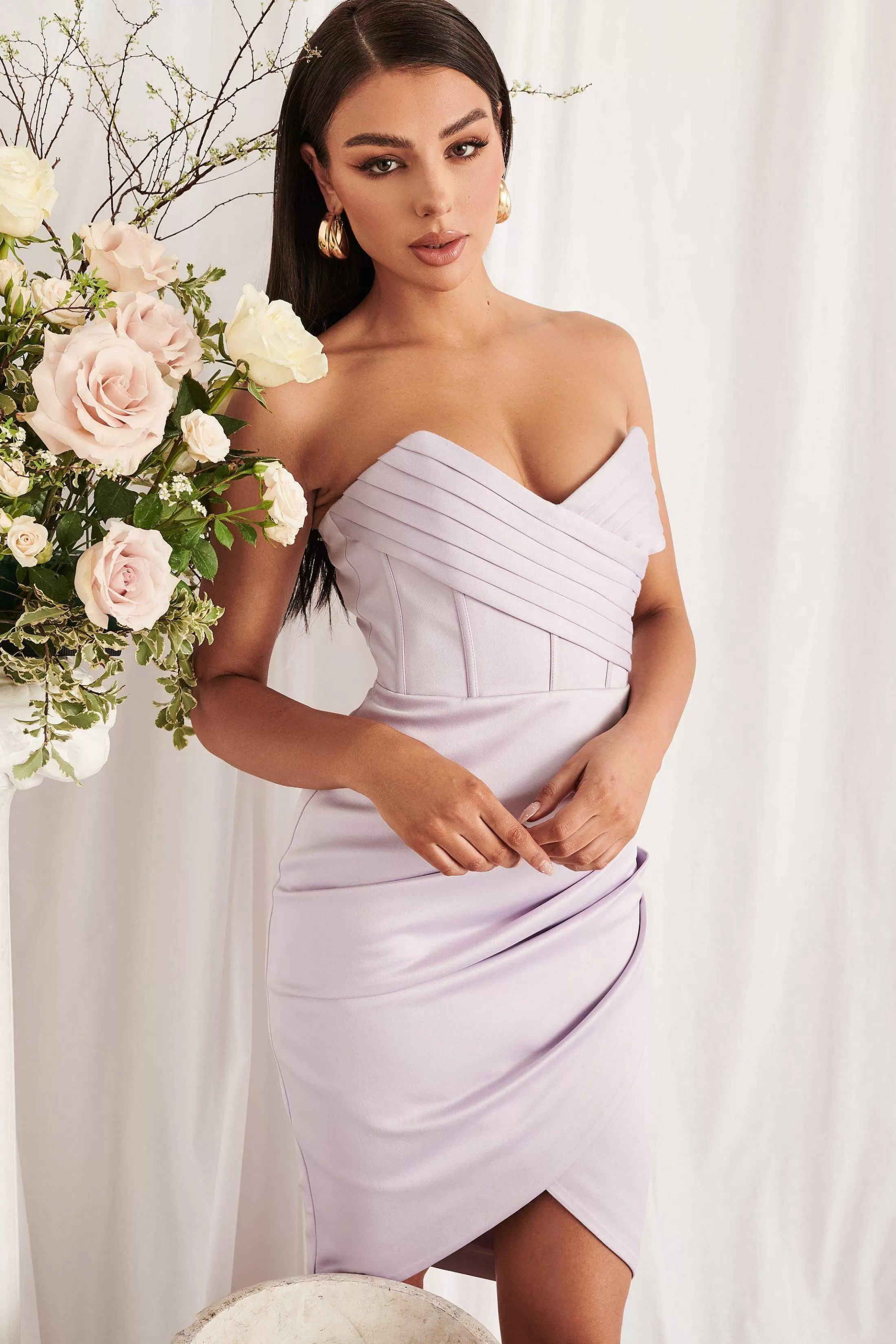 Lavish Alice Dresses<Piper Satin Pleated Corset Bandeau Midi Dress In Lilac