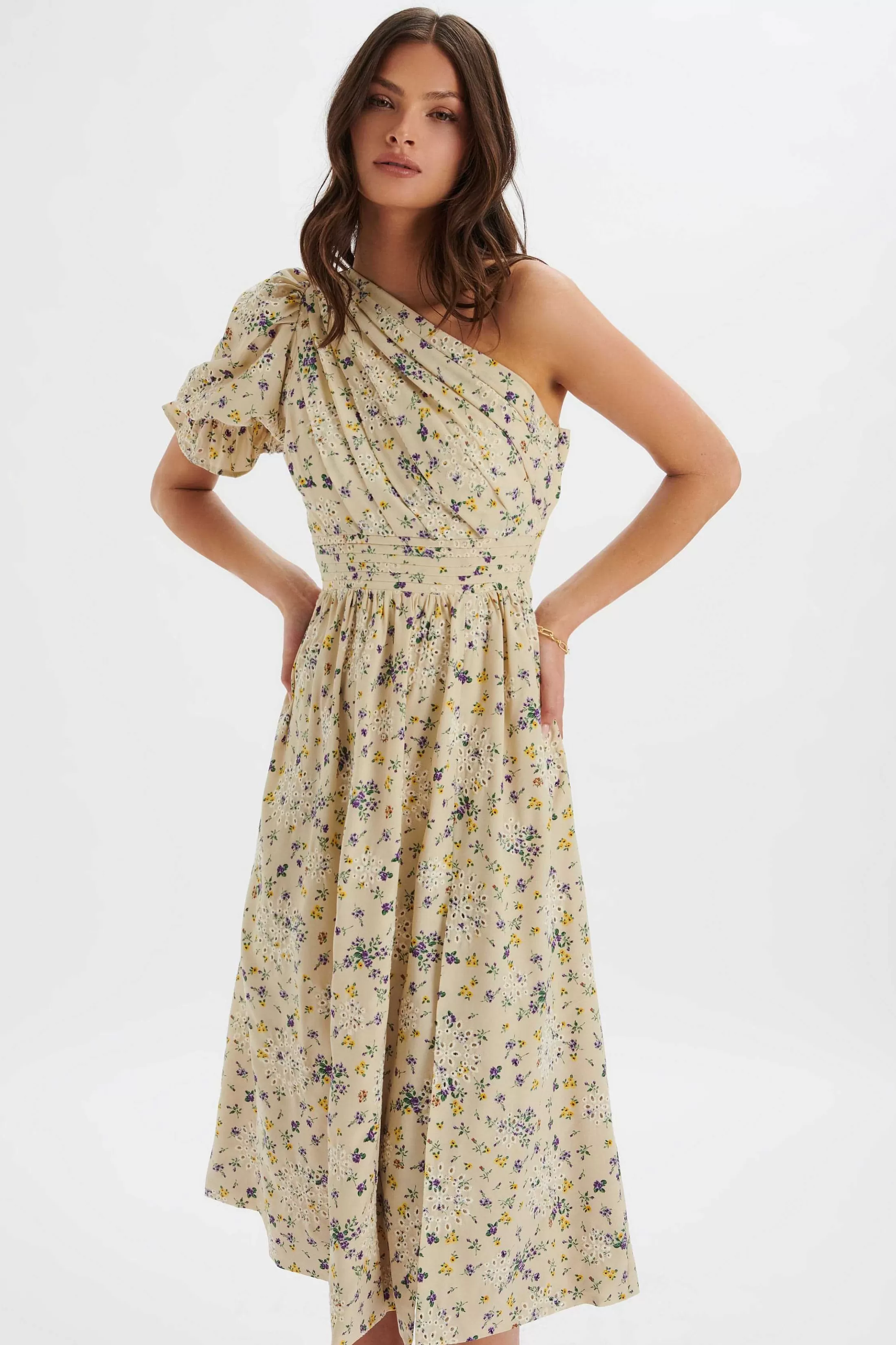 Lavish Alice Dresses<Polly One Shoulder Puff Sleeve Midi Dress In Floral Broidery