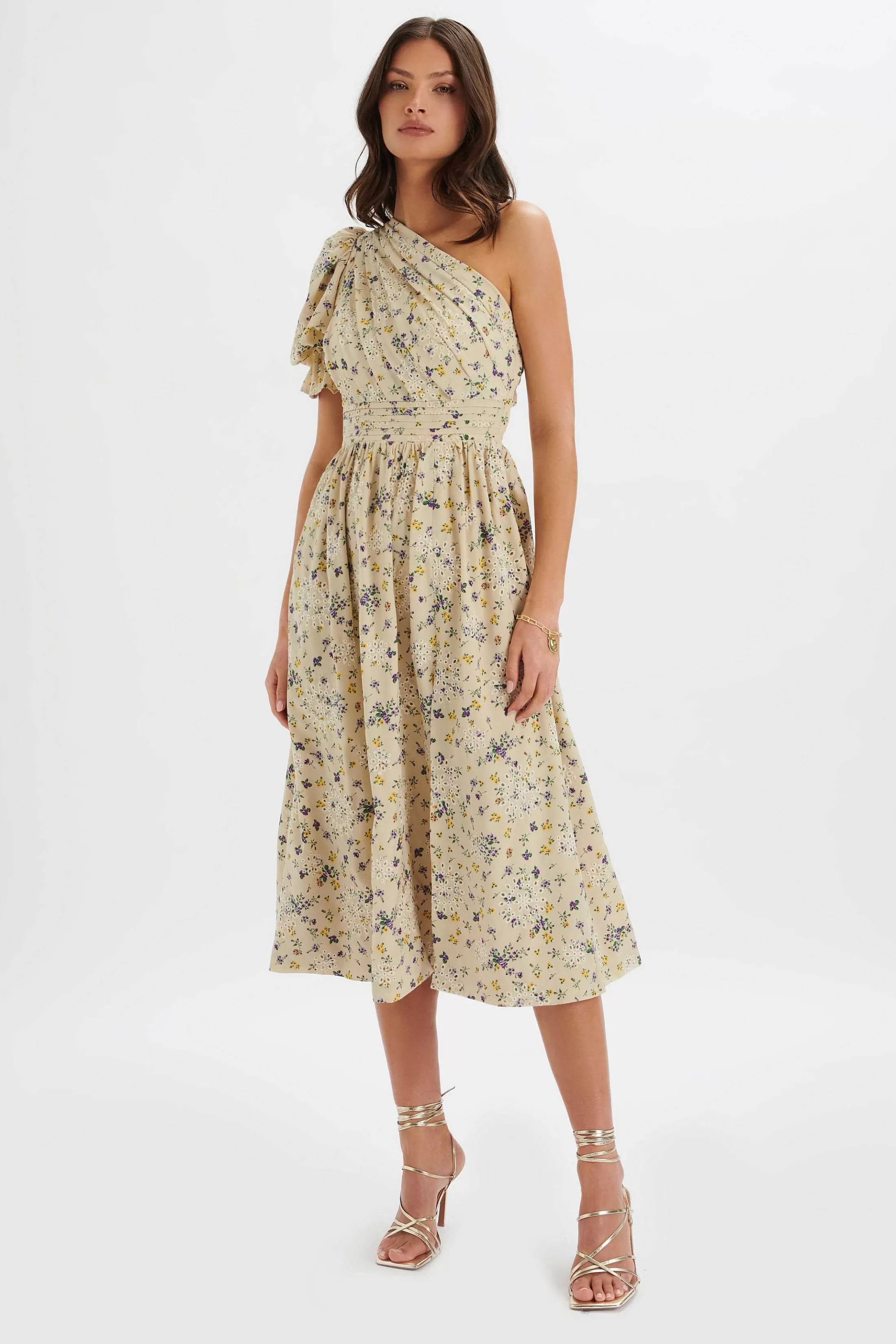 Lavish Alice Dresses<Polly One Shoulder Puff Sleeve Midi Dress In Floral Broidery