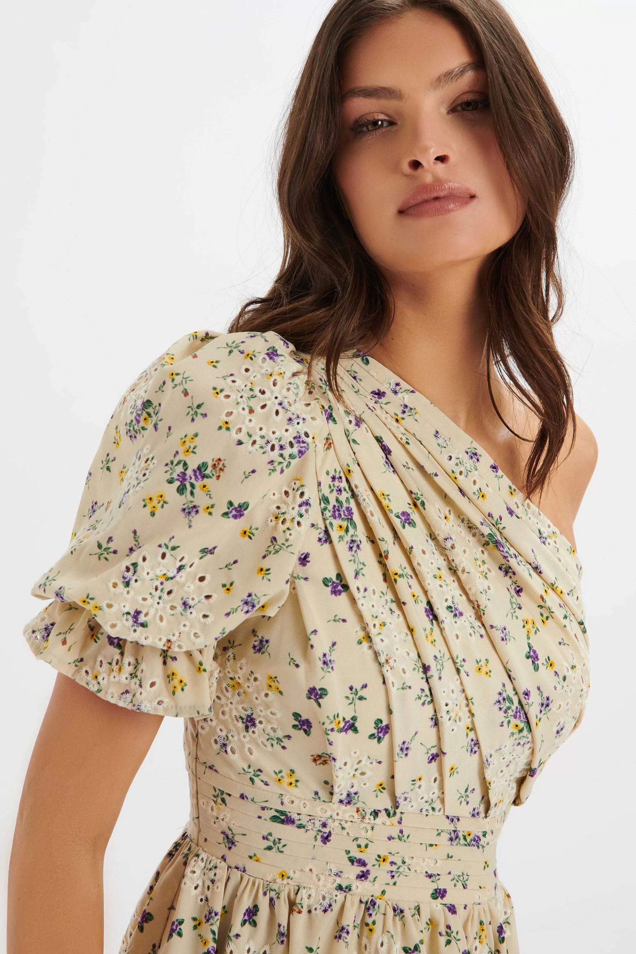 Lavish Alice Dresses<Polly One Shoulder Puff Sleeve Midi Dress In Floral Broidery