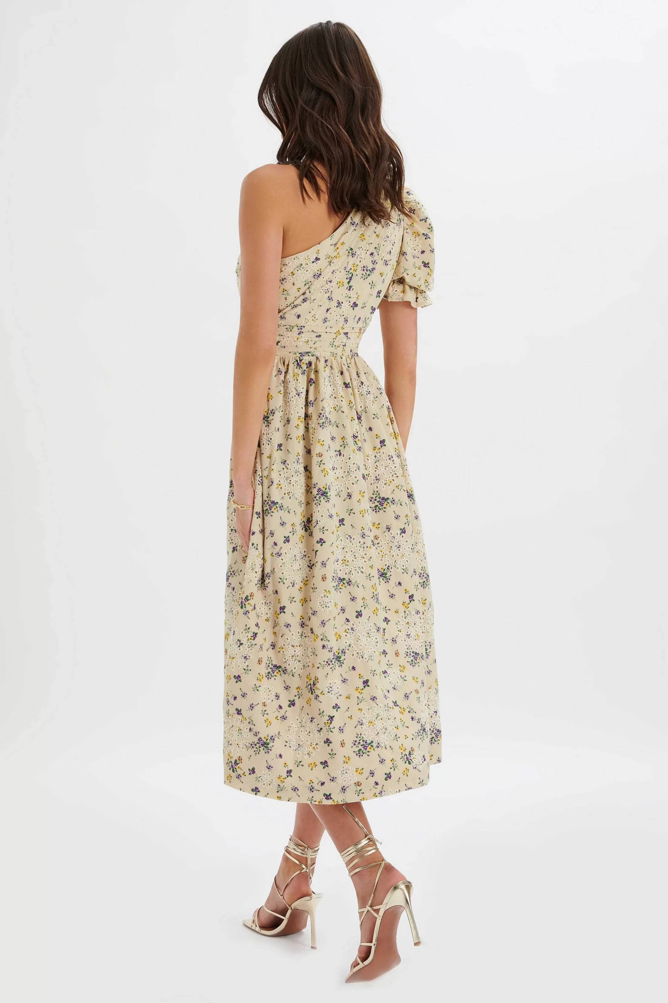 Lavish Alice Dresses<Polly One Shoulder Puff Sleeve Midi Dress In Floral Broidery