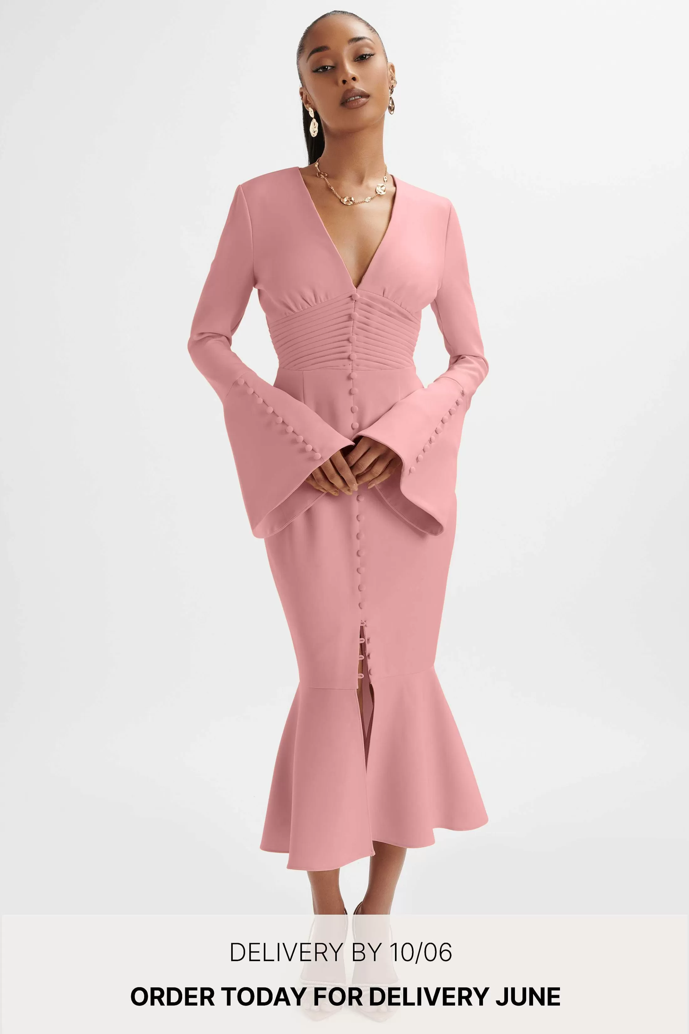Lavish Alice Dresses<**Pre-Order** Salma Fluted Sleeve Longline Fishtail Midi Dress In Pink