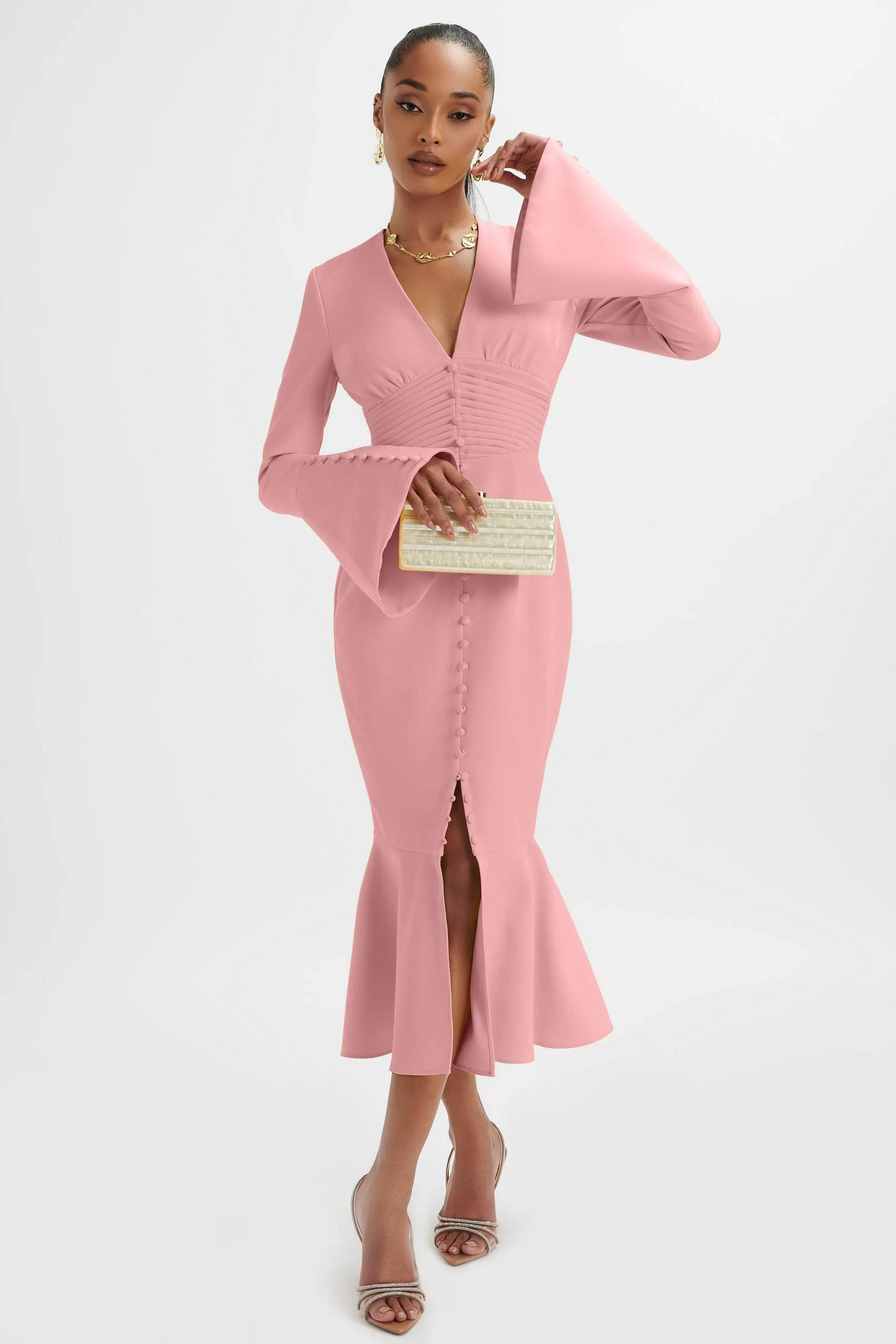 Lavish Alice Dresses<**Pre-Order** Salma Fluted Sleeve Longline Fishtail Midi Dress In Pink