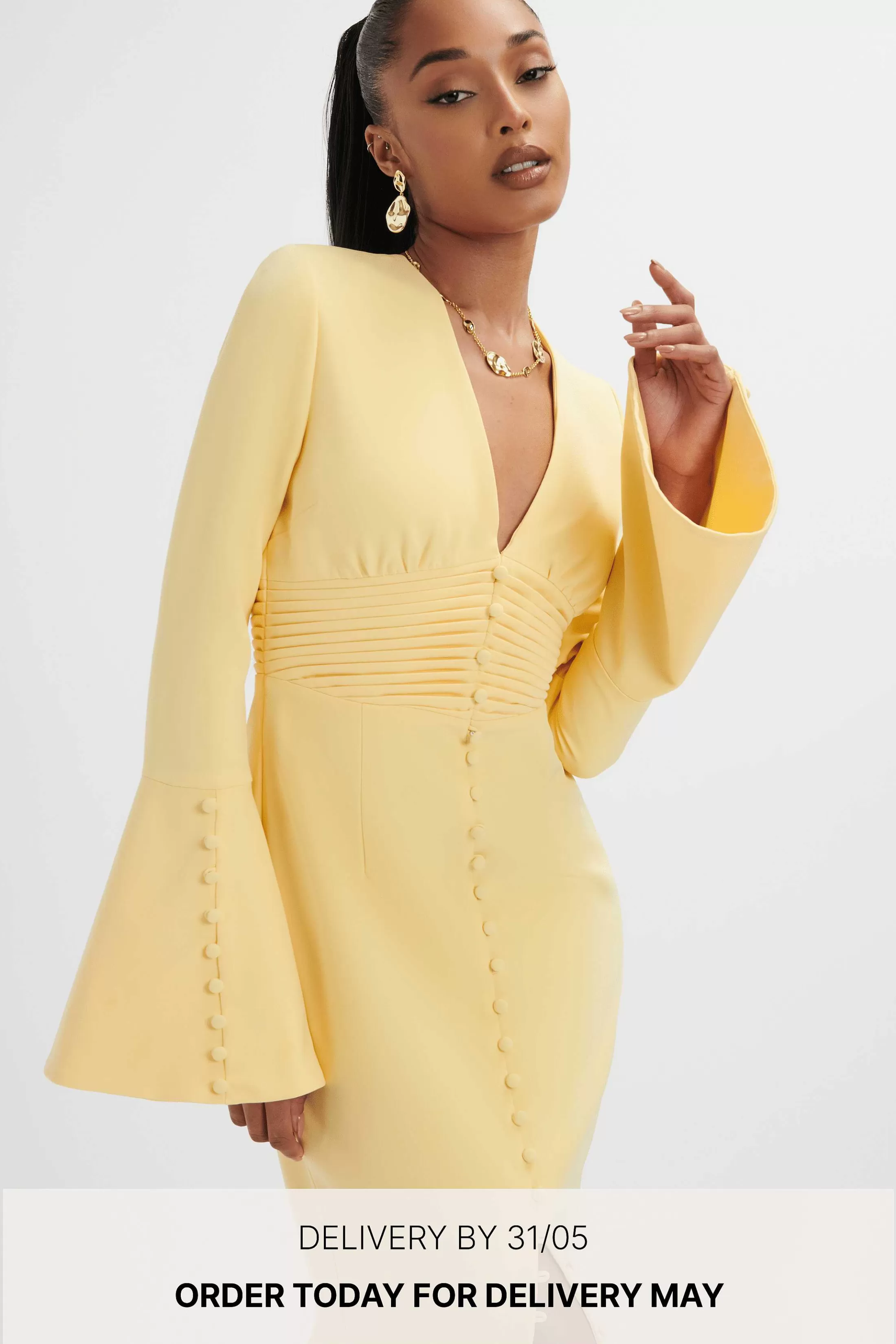 Lavish Alice Dresses<**Pre-Order** Salma Fluted Sleeve Longline Fishtail Midi Dress In Yellow