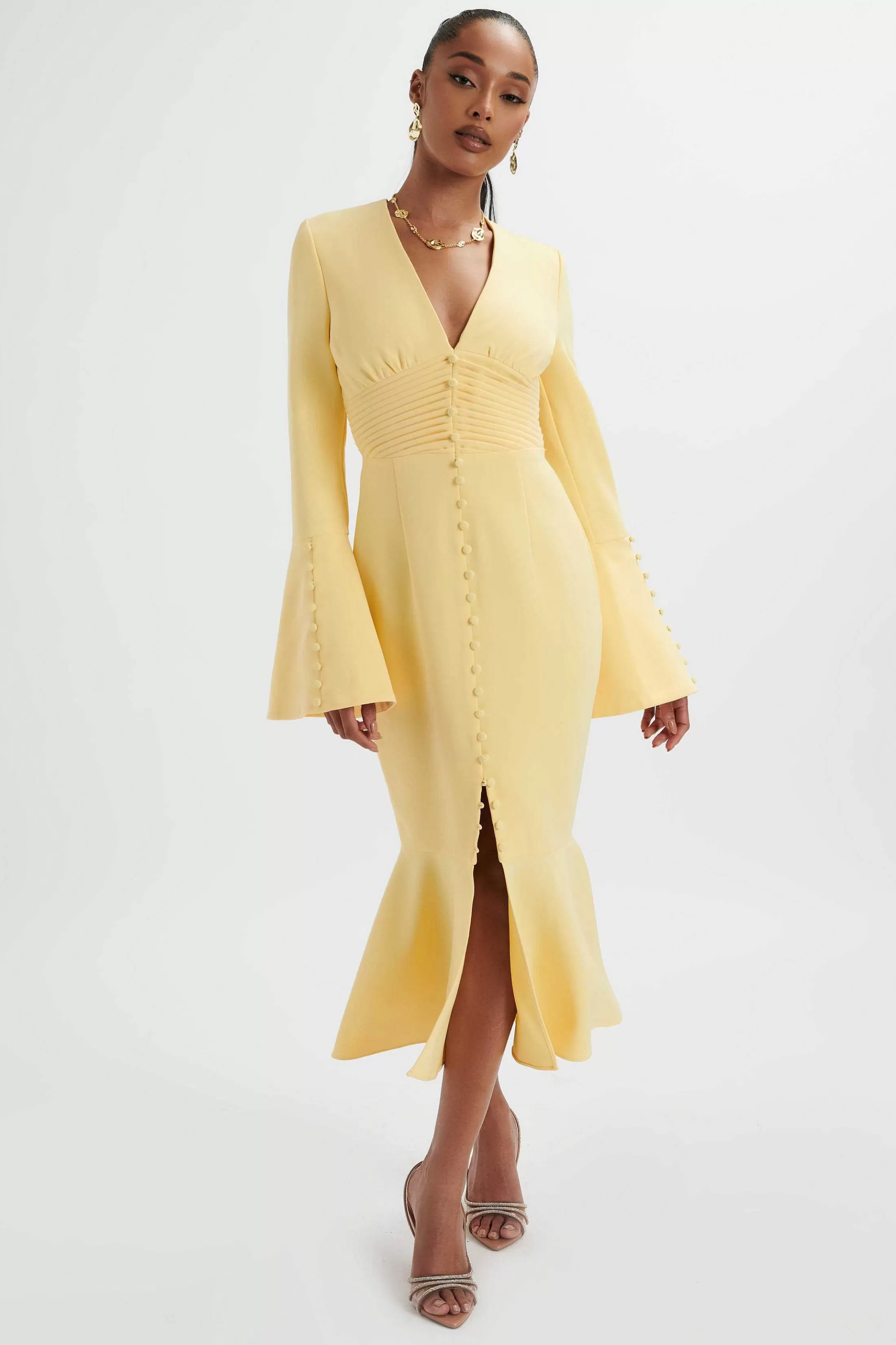 Lavish Alice Dresses<**Pre-Order** Salma Fluted Sleeve Longline Fishtail Midi Dress In Yellow
