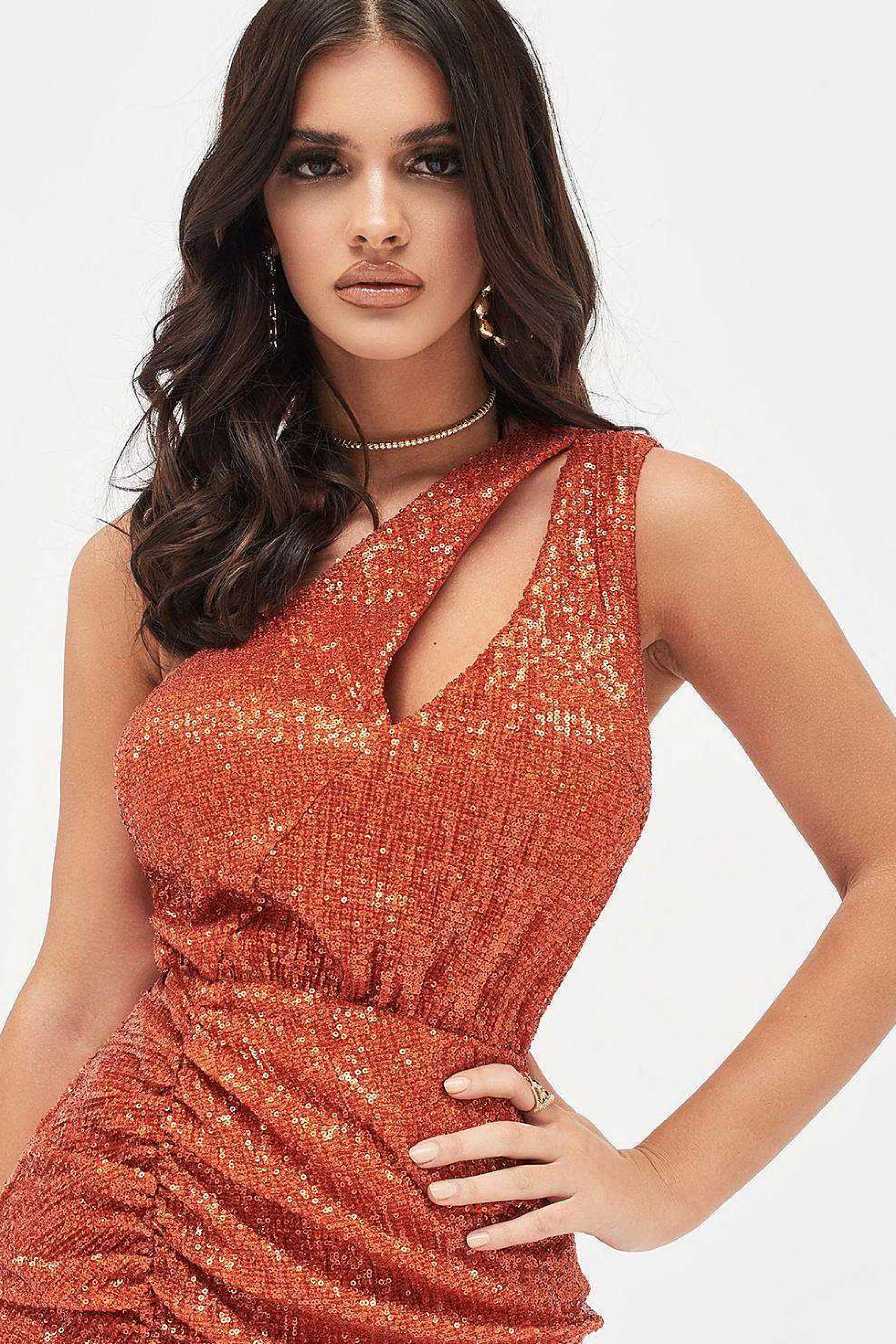 Lavish Alice Dresses<Quinn Pleated Sequin One Shoulder Cut Out Ruched Side Midi Dress In Orange