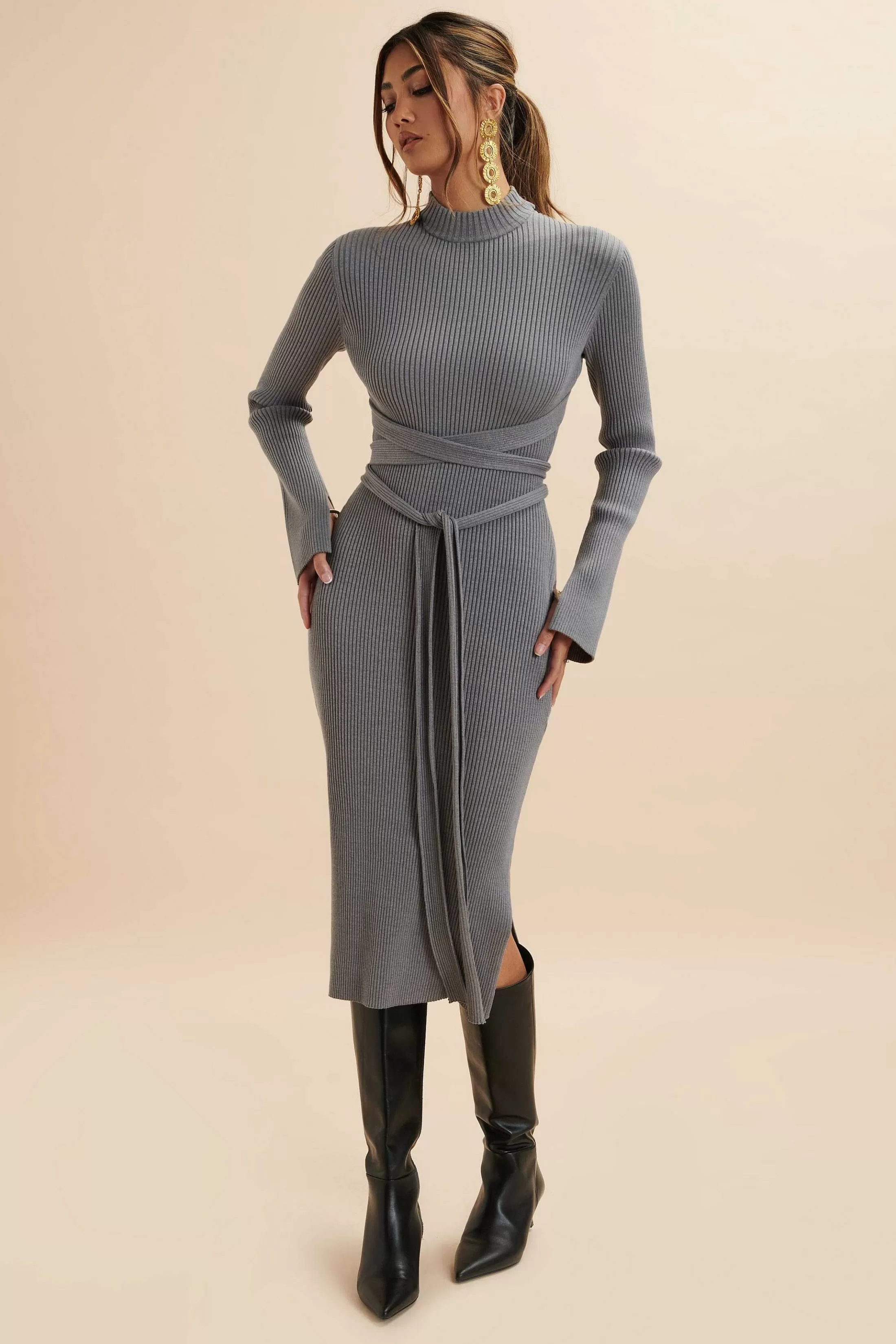 Lavish Alice Dresses<Romi Knitted Ribbed Open Back Sleeved Midi Dress In Grey
