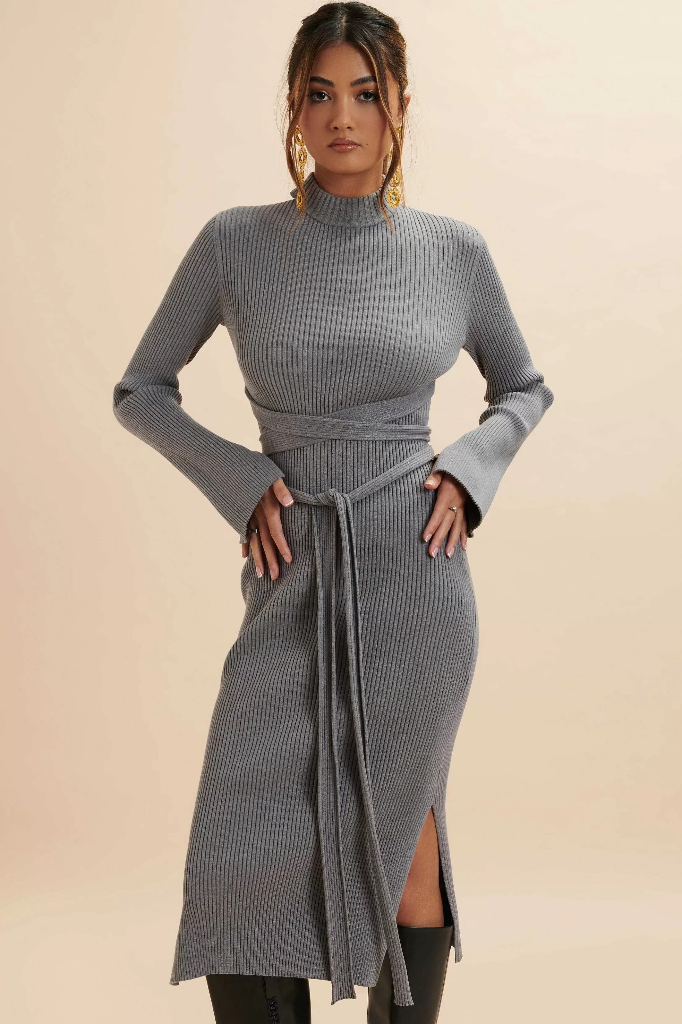 Lavish Alice Dresses<Romi Knitted Ribbed Open Back Sleeved Midi Dress In Grey