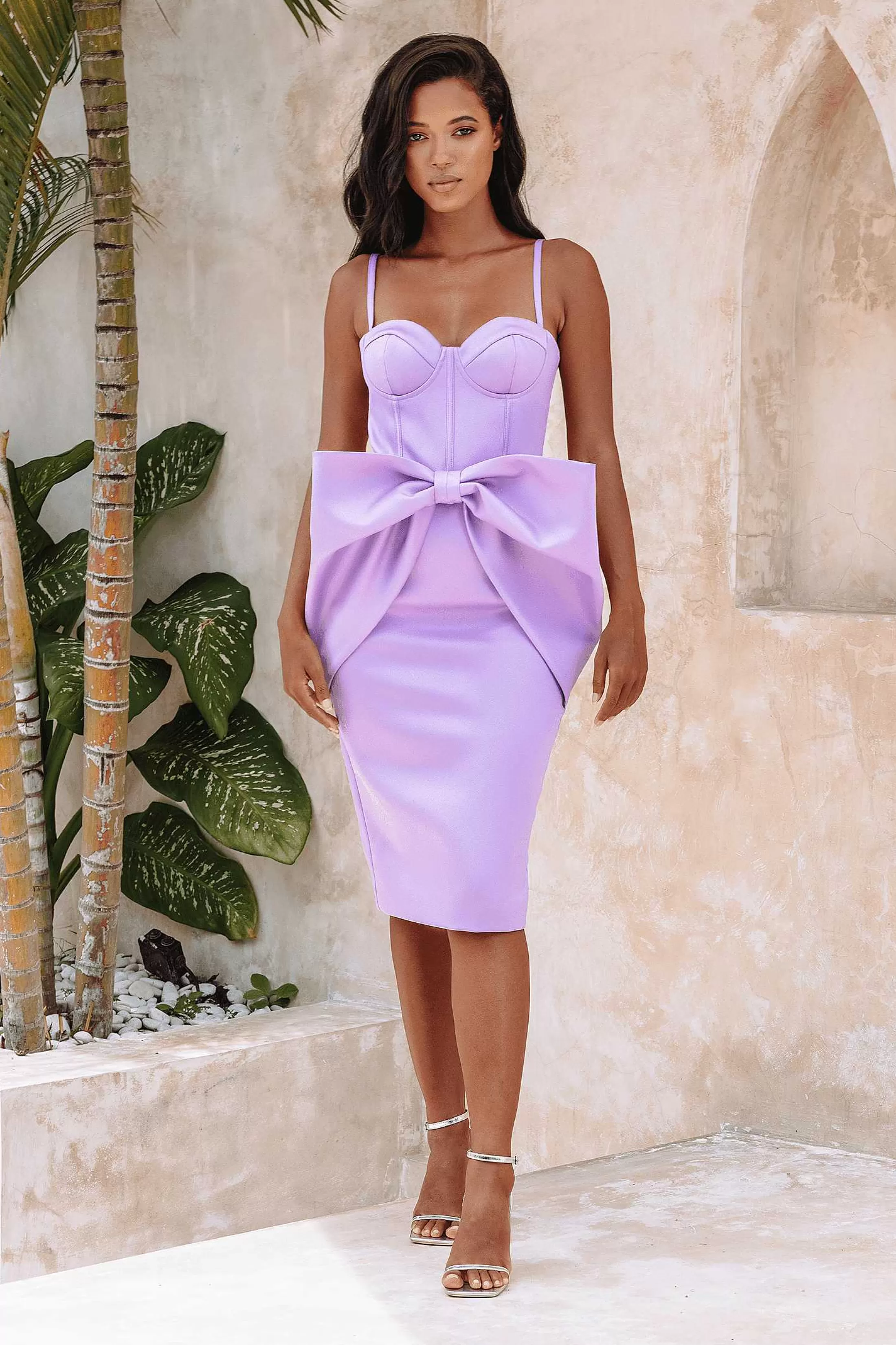 Lavish Alice Wedding Guest<Shiloh Extreme Bow Corset Detail Midi Dress In Lavender Satin