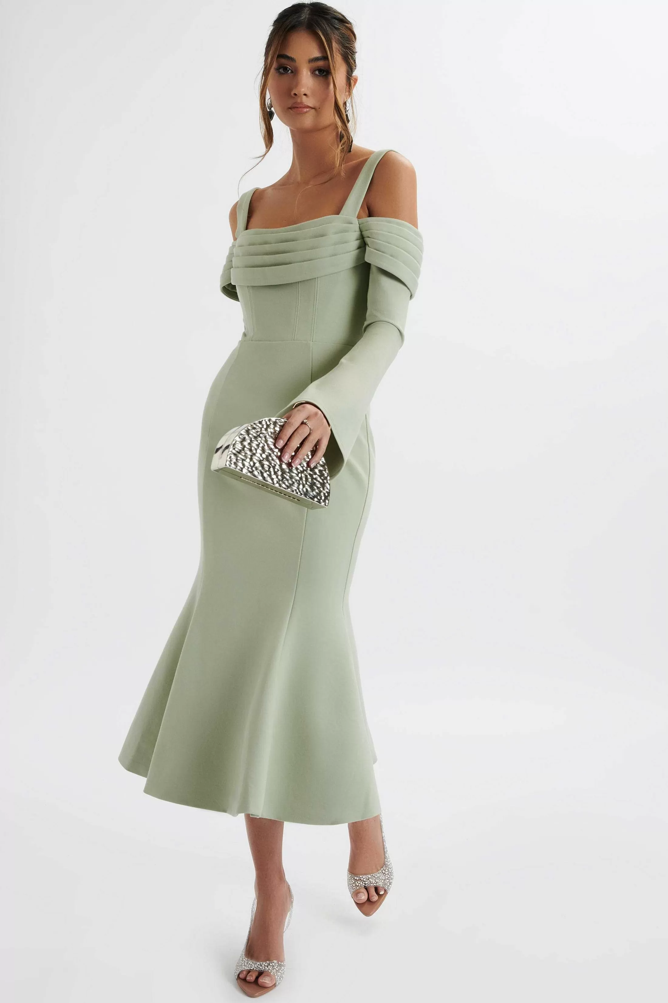 Lavish Alice Dresses<Sia Ponte Pleated Cowl Longline Midi Dress In Sage Green