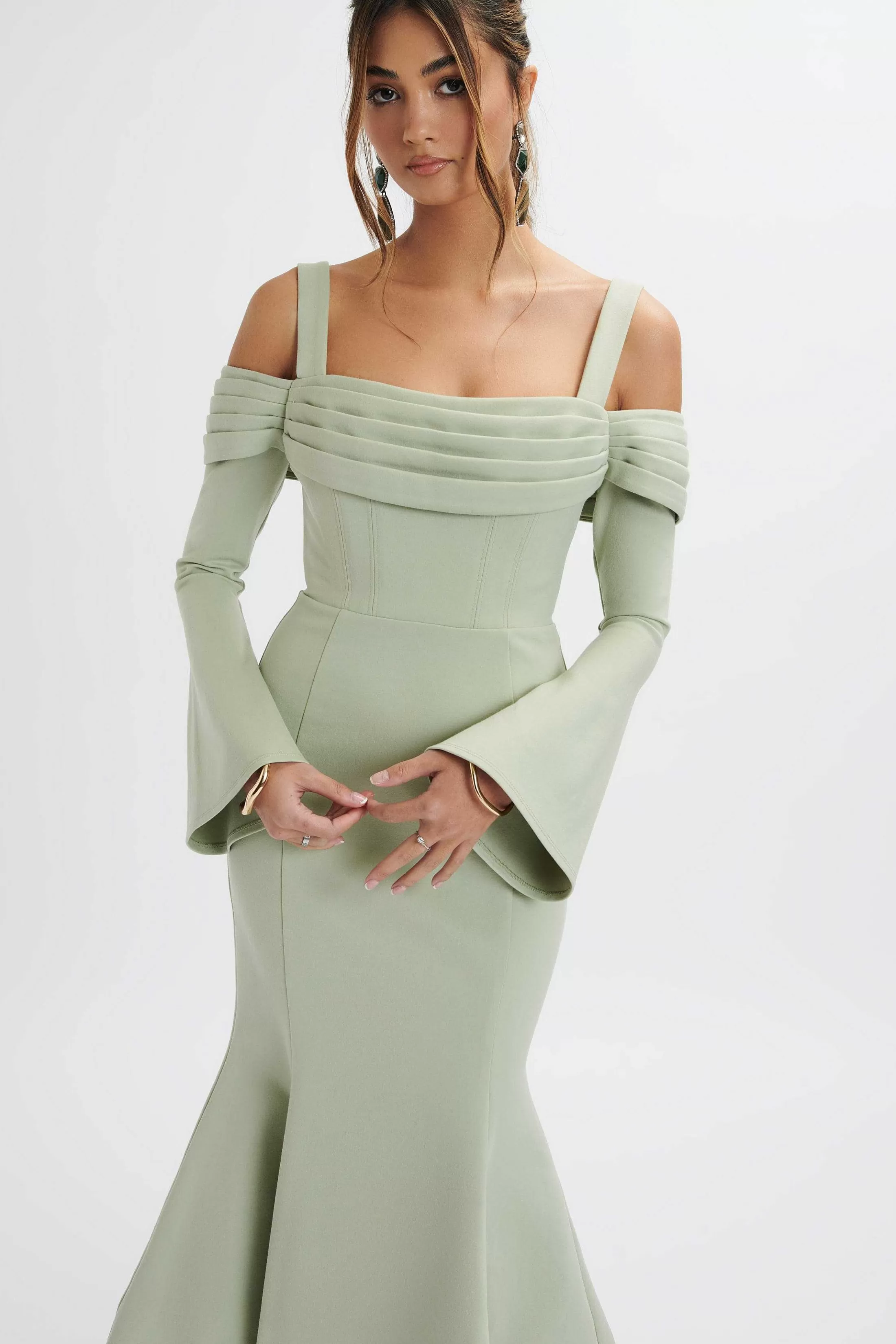 Lavish Alice Dresses<Sia Ponte Pleated Cowl Longline Midi Dress In Sage Green
