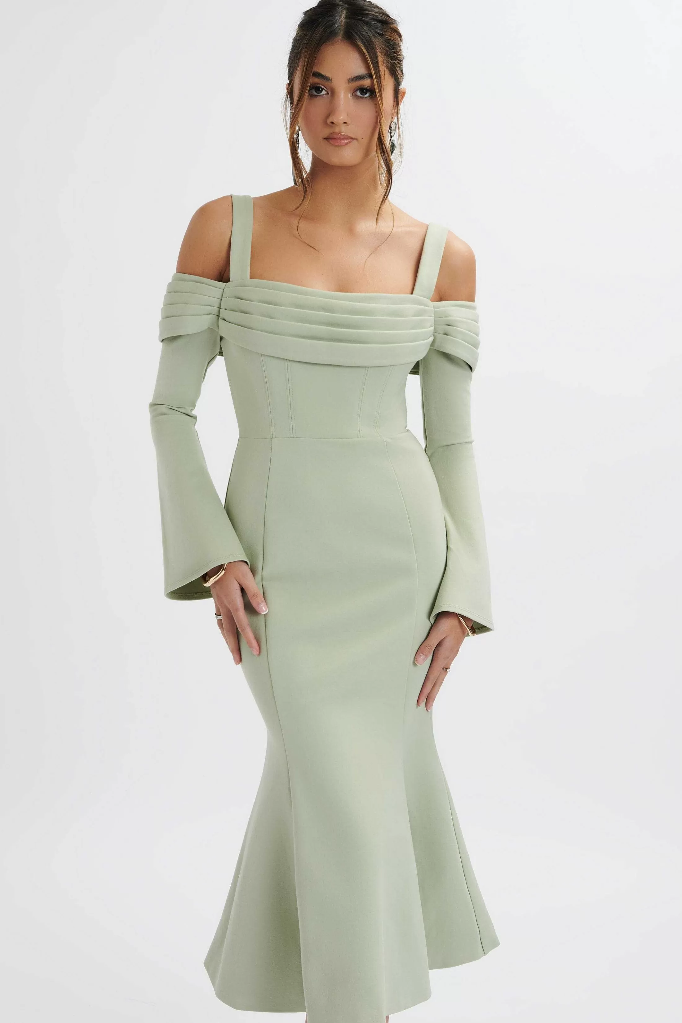 Lavish Alice Dresses<Sia Ponte Pleated Cowl Longline Midi Dress In Sage Green