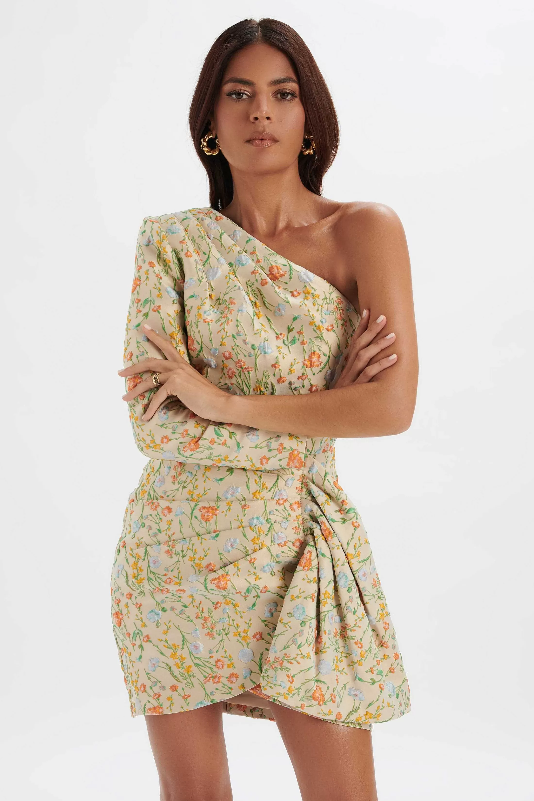 Lavish Alice Dresses<Suki One Shoulder Wrap Mini Dress In Floral Brocade