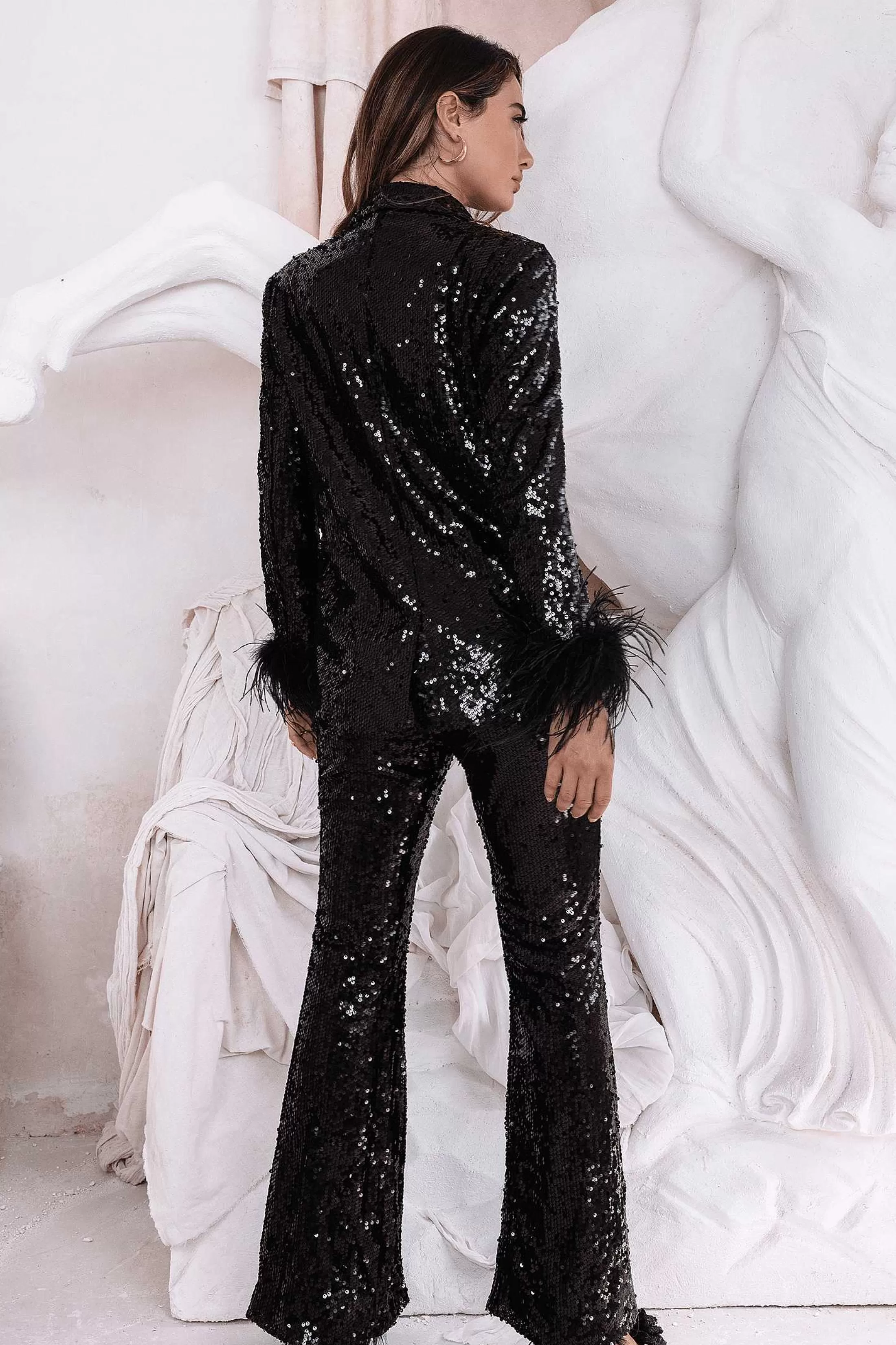 Lavish Alice Suiting<Tamsin Oversized Sequin Blazer With Feather Cuffs In Black
