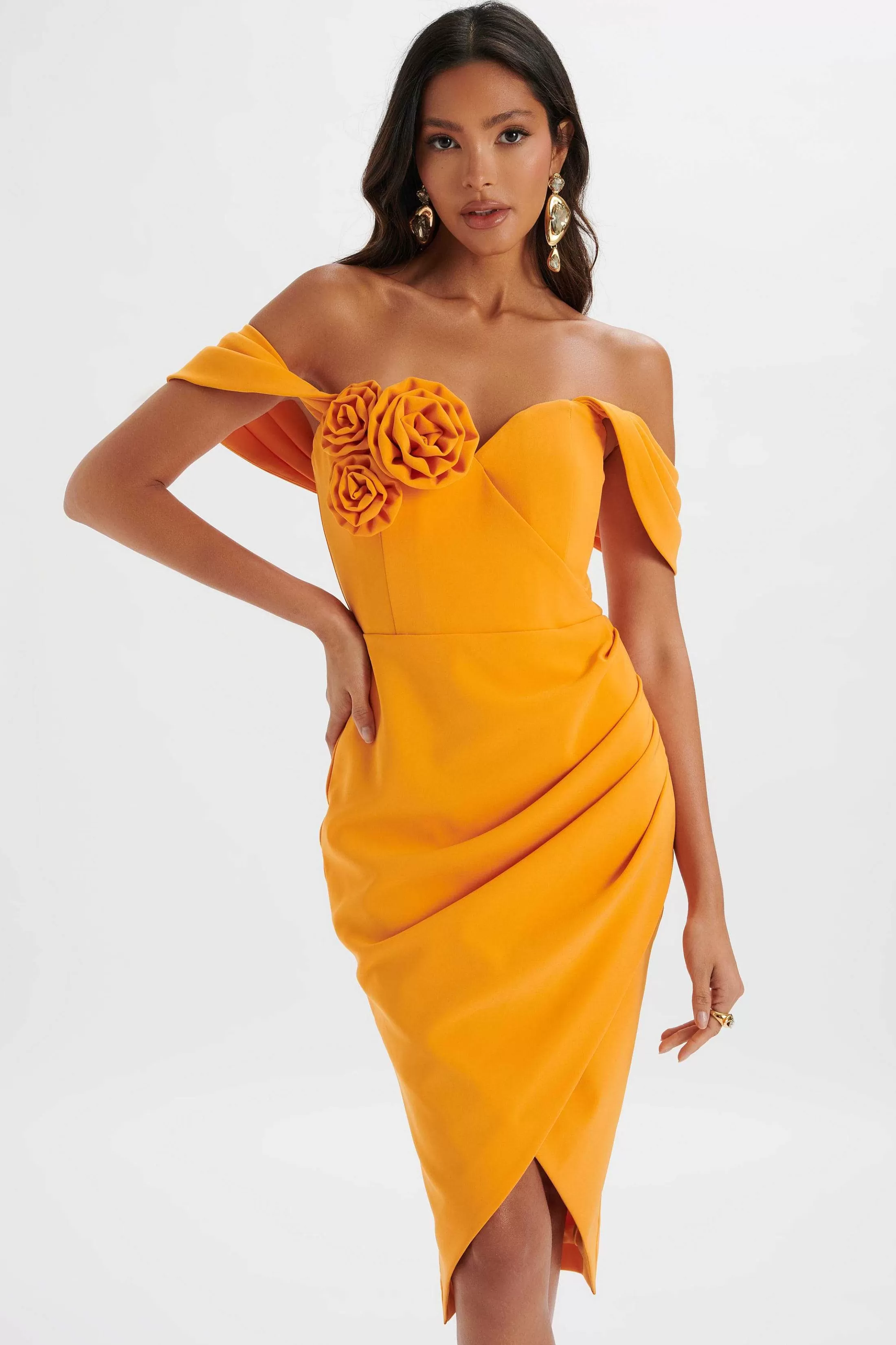 Lavish Alice Dresses<Zamira 3D Flower Detail Off Shoulder Midi Dress In Orange